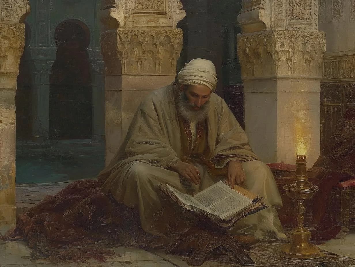 Un savant lisant le Coran à la lueur d'une bougie — peinture orientaliste XIXᵉ siècle.