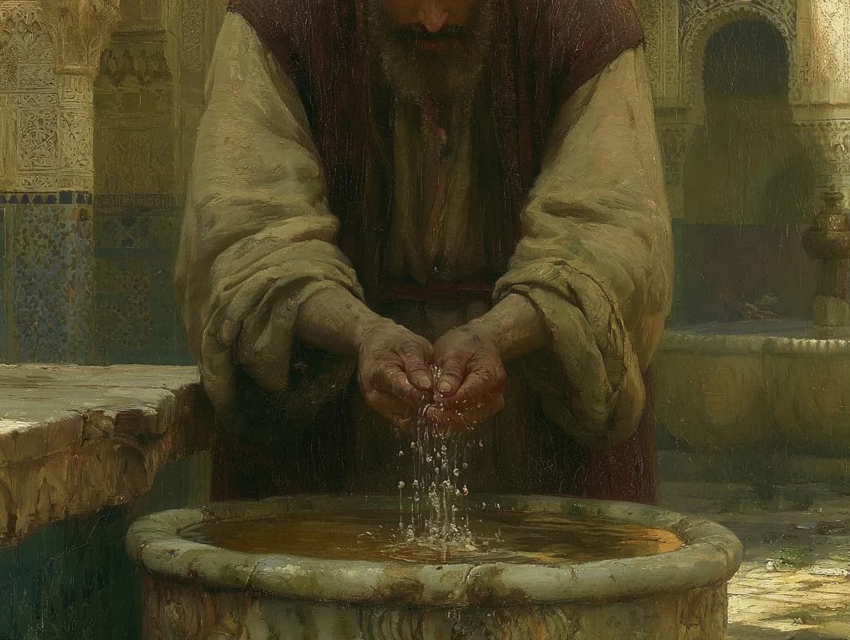 Gros plan sur des mains se purifiant à l'eau d'une fontaine — peinture orientaliste XIXᵉ siècle.