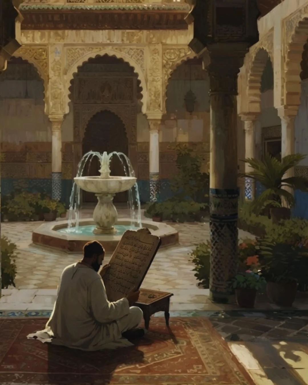 Étudiant lisant la Lawha dans une cour de medersa andalouse — peinture orientaliste XIXᵉ siècle.